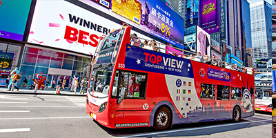a TopView Double Decker Bus in Time Square