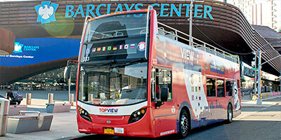 a TopView Double Decker Bus in Front of Barclays Center